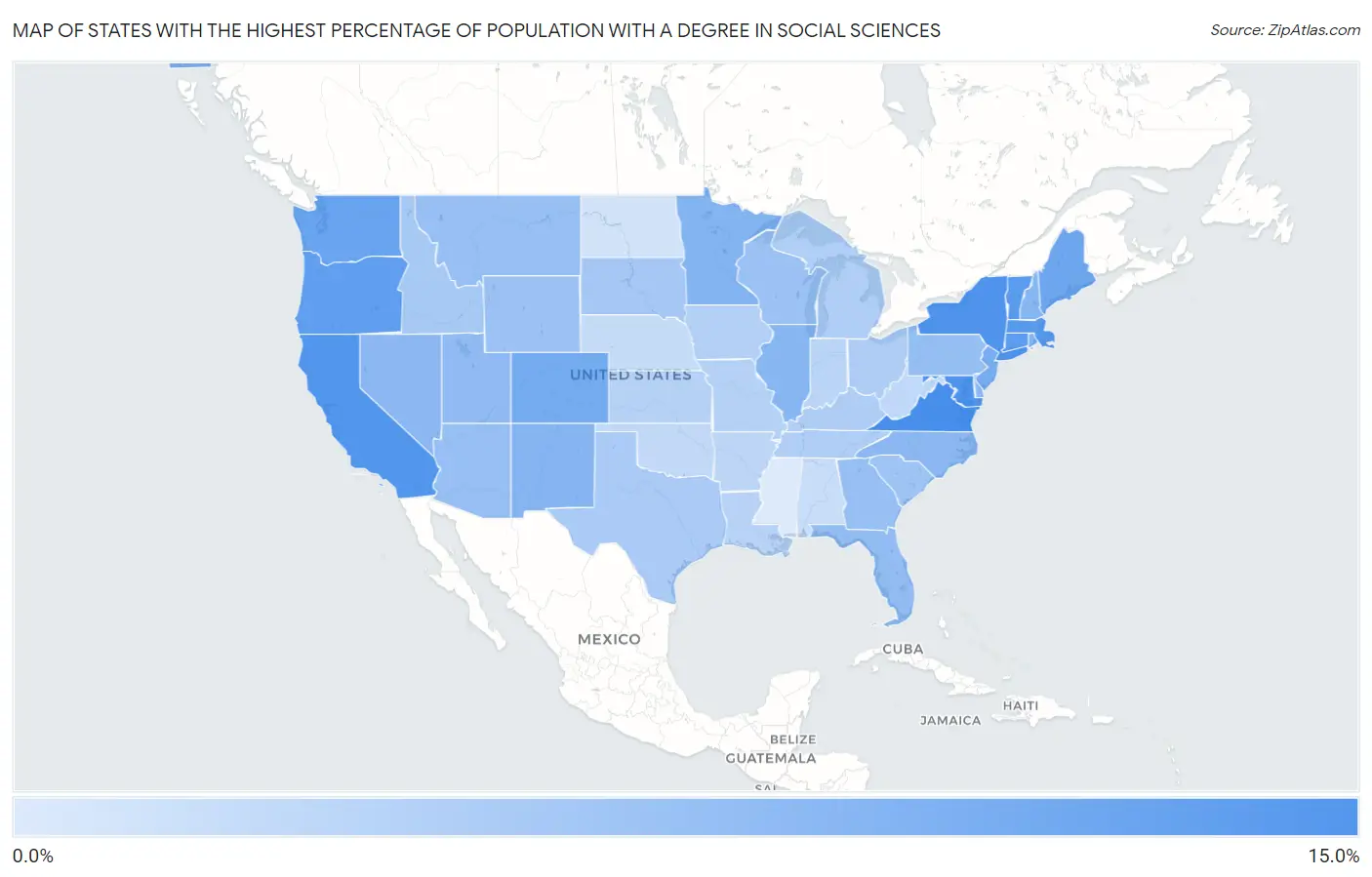 States with the Highest Percentage of Population with a Degree in Social Sciences in the United States Map