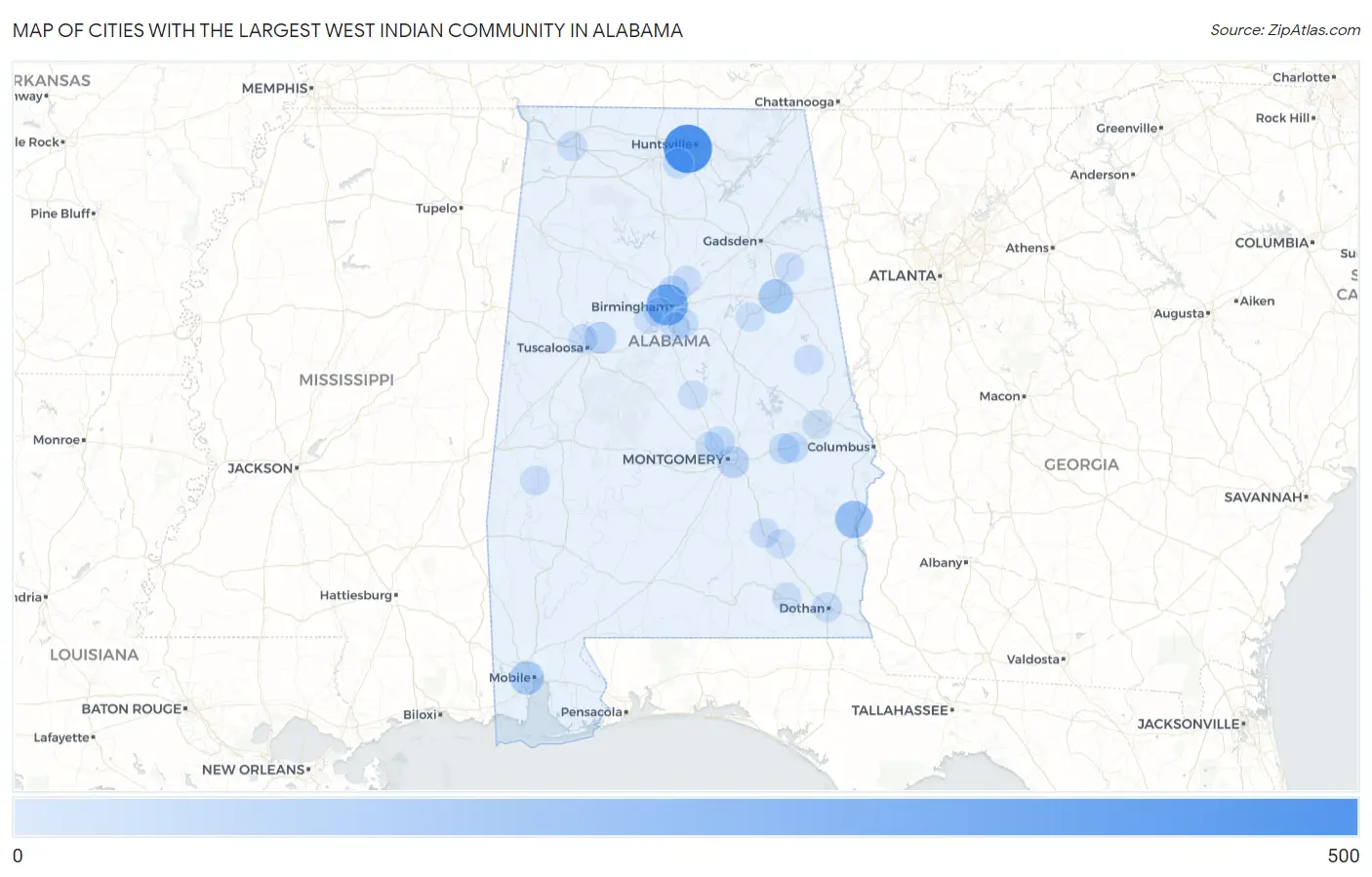 Cities with the Largest West Indian Community in Alabama Map