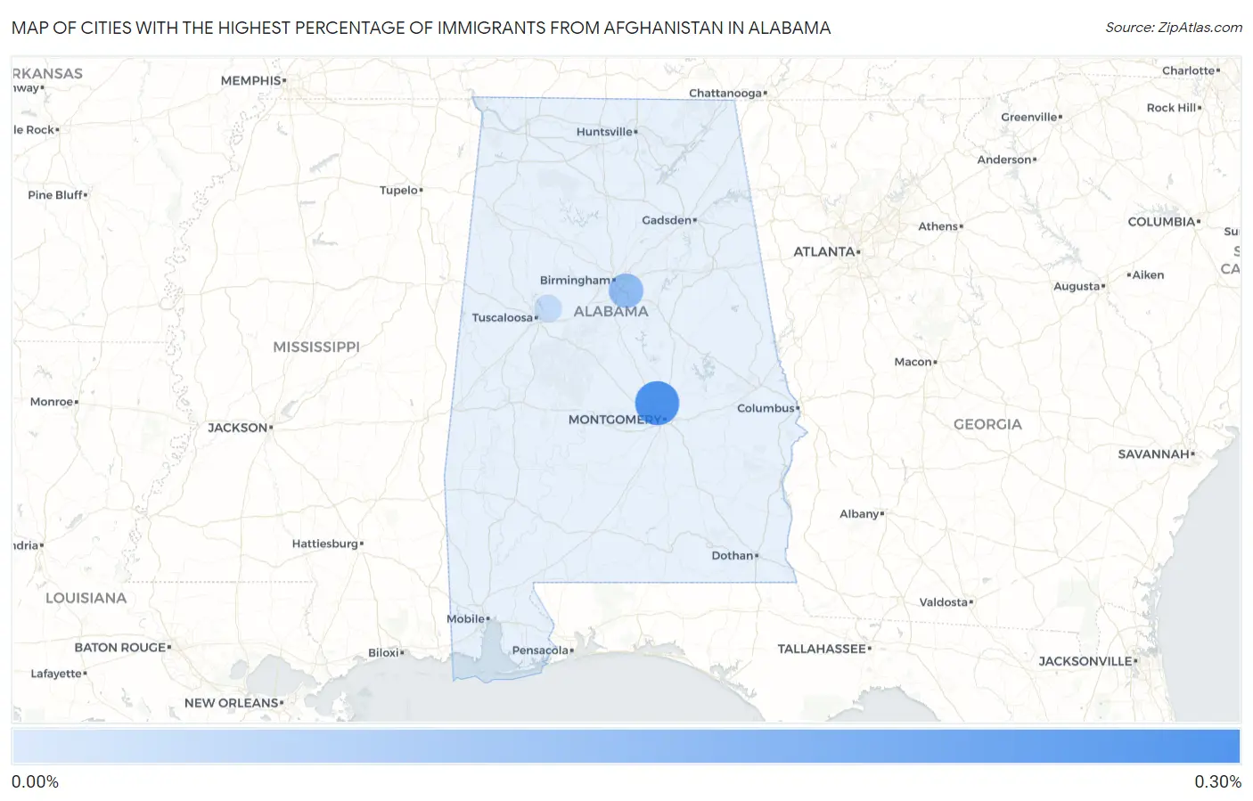 Cities with the Highest Percentage of Immigrants from Afghanistan in Alabama Map