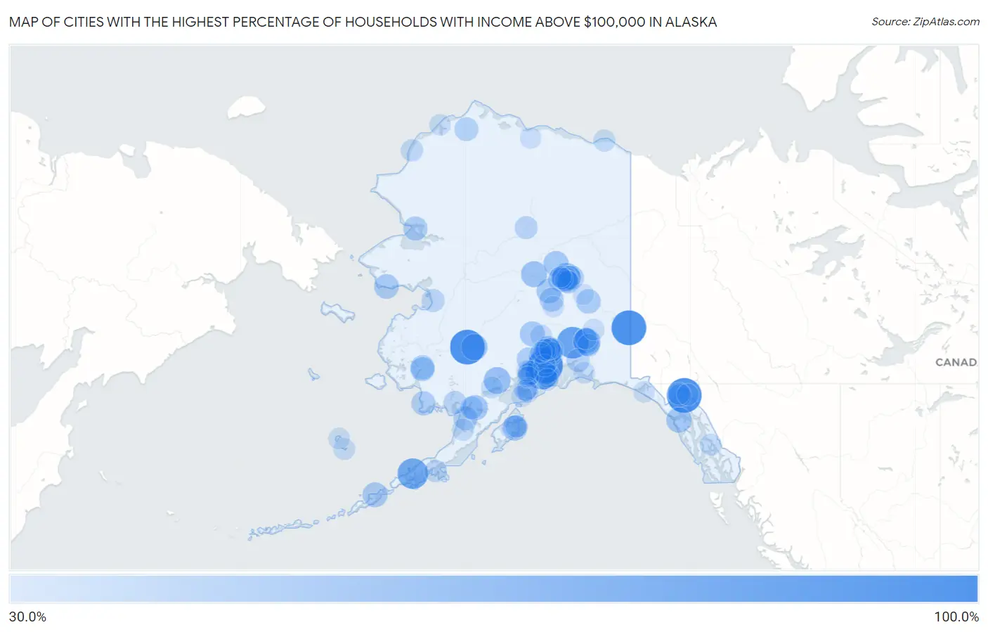 Cities with the Highest Percentage of Households with Income Above $100,000 in Alaska Map