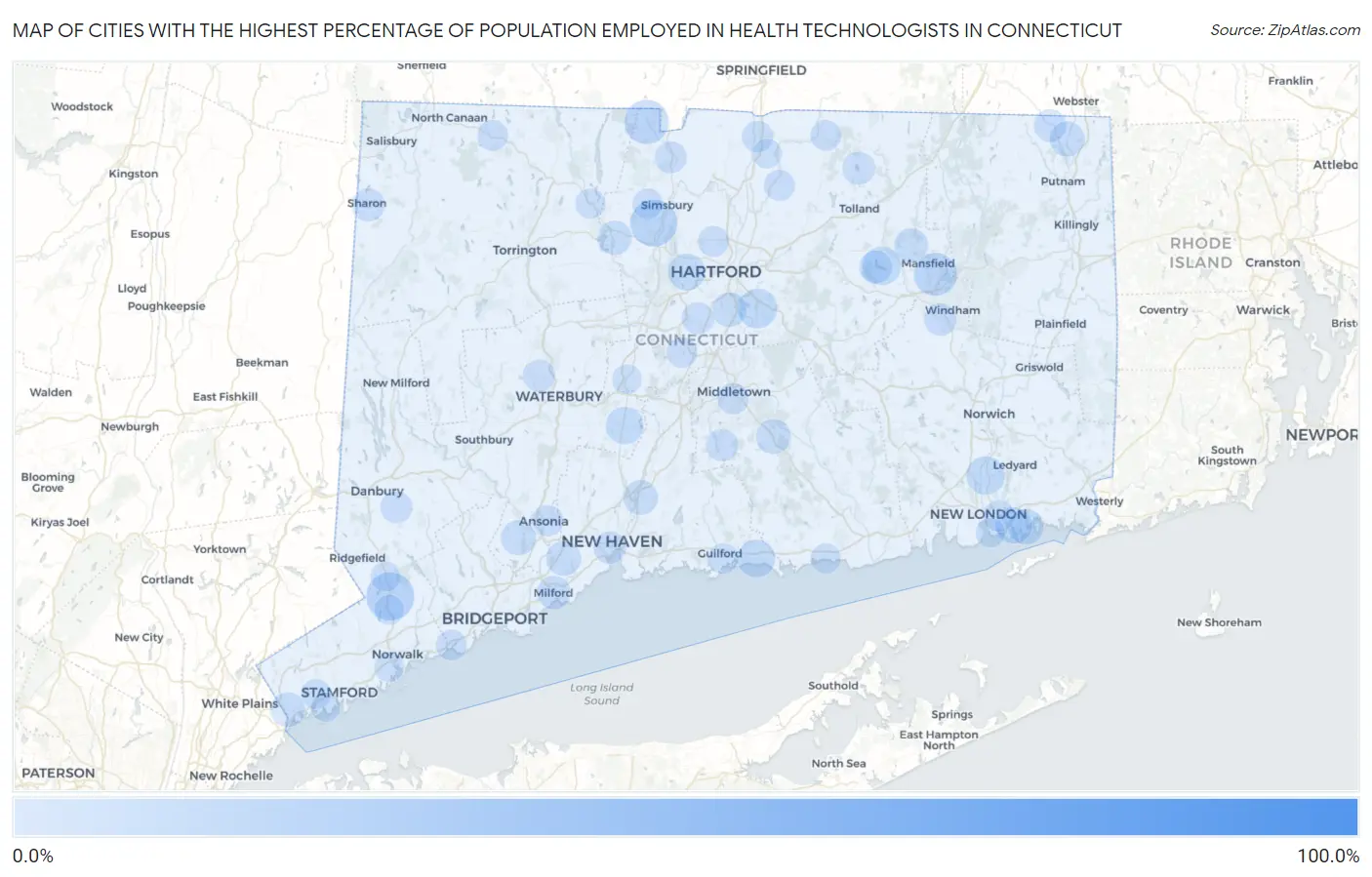 Cities with the Highest Percentage of Population Employed in Health Technologists in Connecticut Map