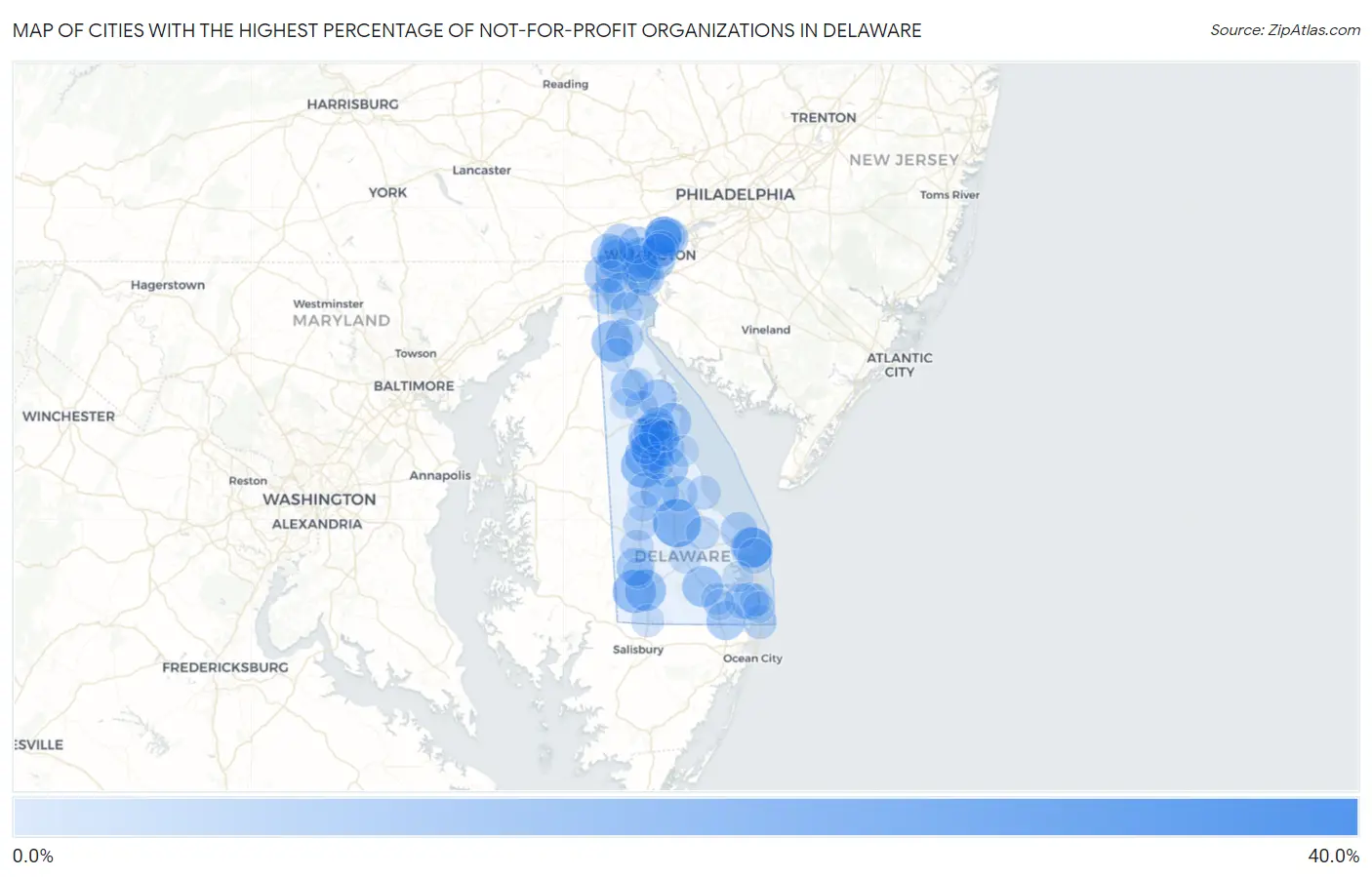 Cities with the Highest Percentage of Not-for-profit Organizations in Delaware Map