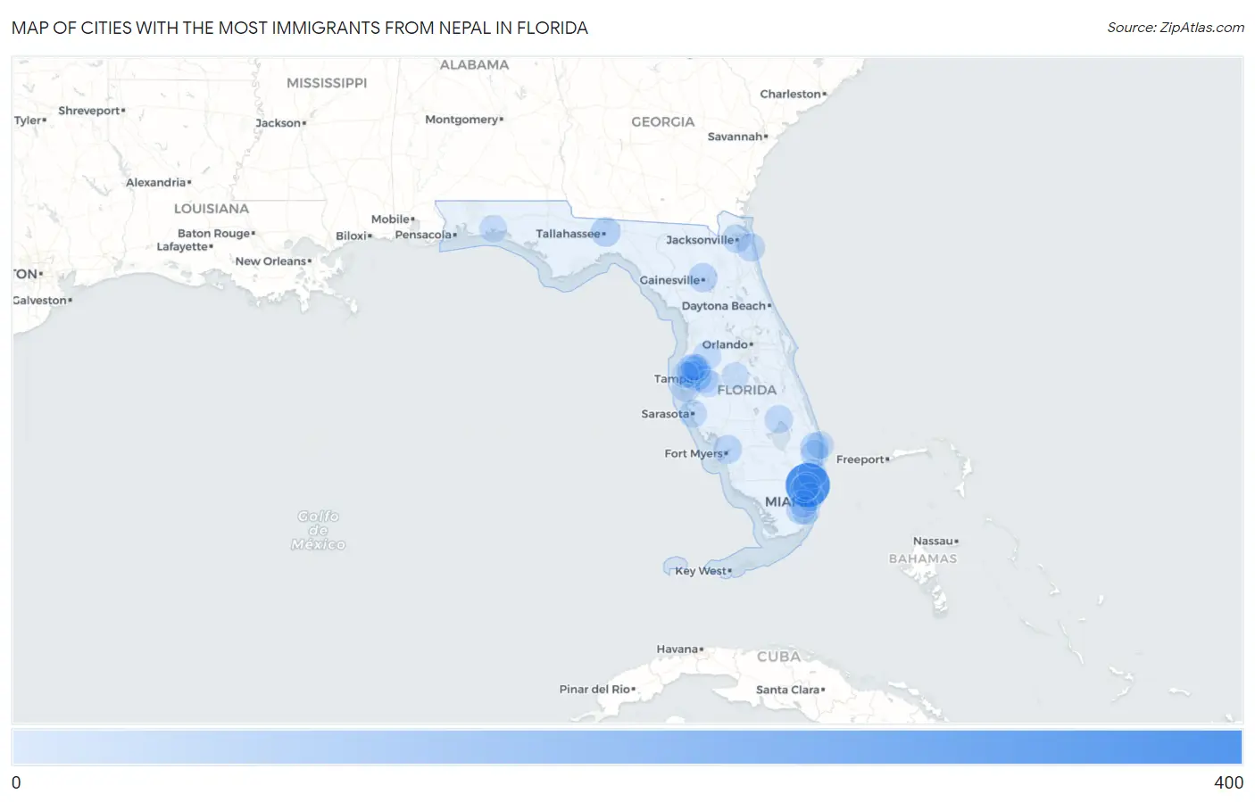 Cities with the Most Immigrants from Nepal in Florida Map
