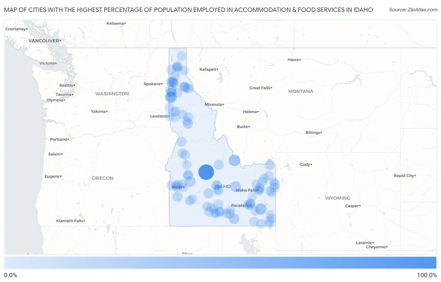 Cities with the Highest Percentage of Population Employed in Accommodation & Food Services in Idaho Map