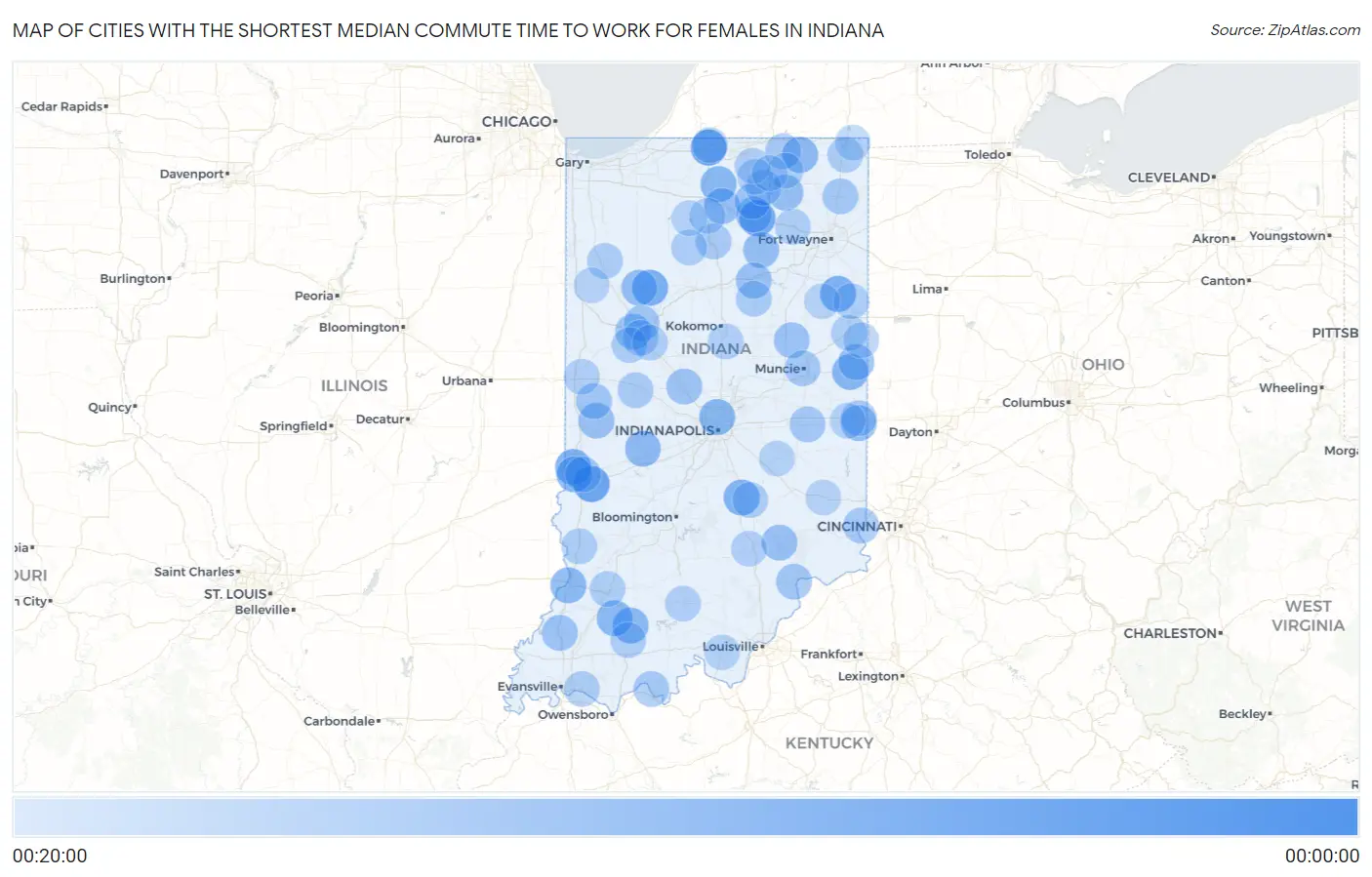 Cities with the Shortest Median Commute Time to Work for Females in Indiana Map