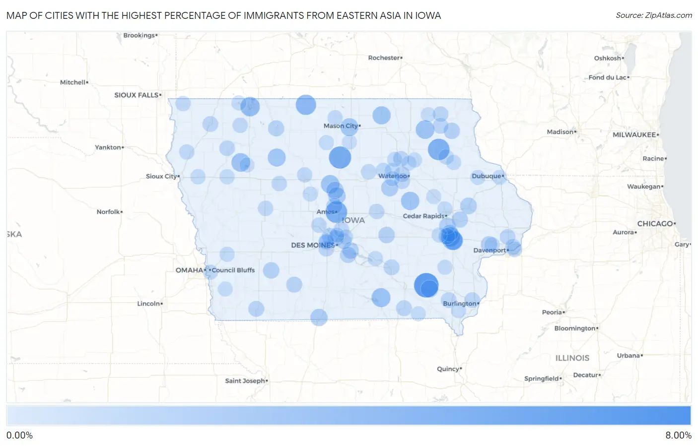 Cities with the Highest Percentage of Immigrants from Eastern Asia in Iowa Map