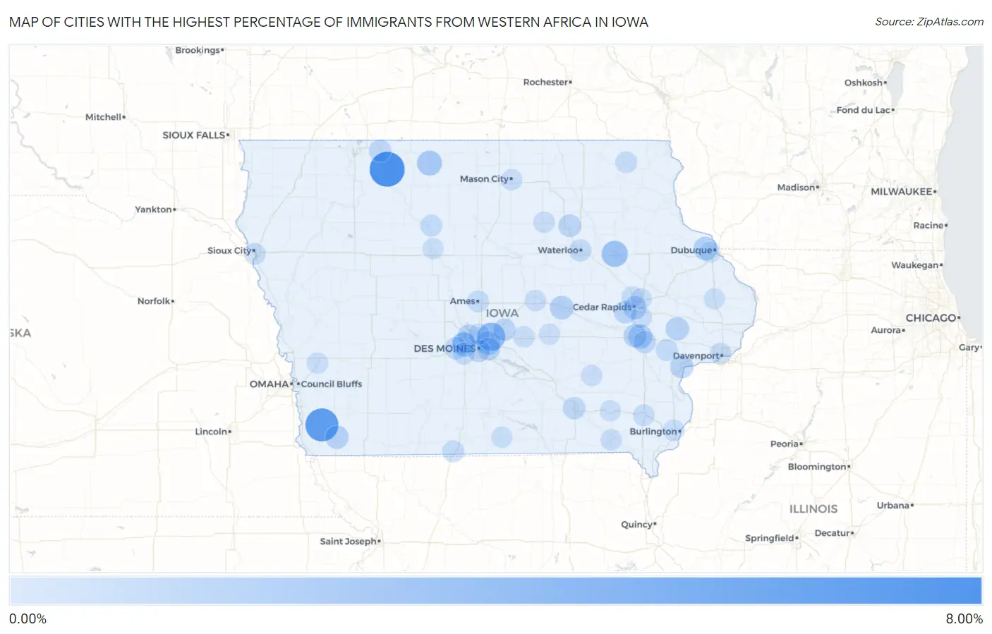 Cities with the Highest Percentage of Immigrants from Western Africa in Iowa Map
