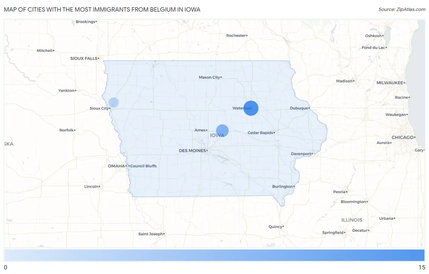 Cities with the Most Immigrants from Belgium in Iowa Map