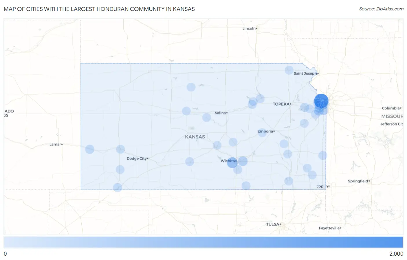 Cities with the Largest Honduran Community in Kansas Map