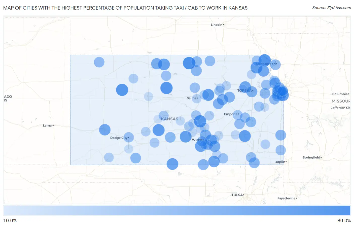 Cities with the Highest Percentage of Population Taking Taxi / Cab to Work in Kansas Map