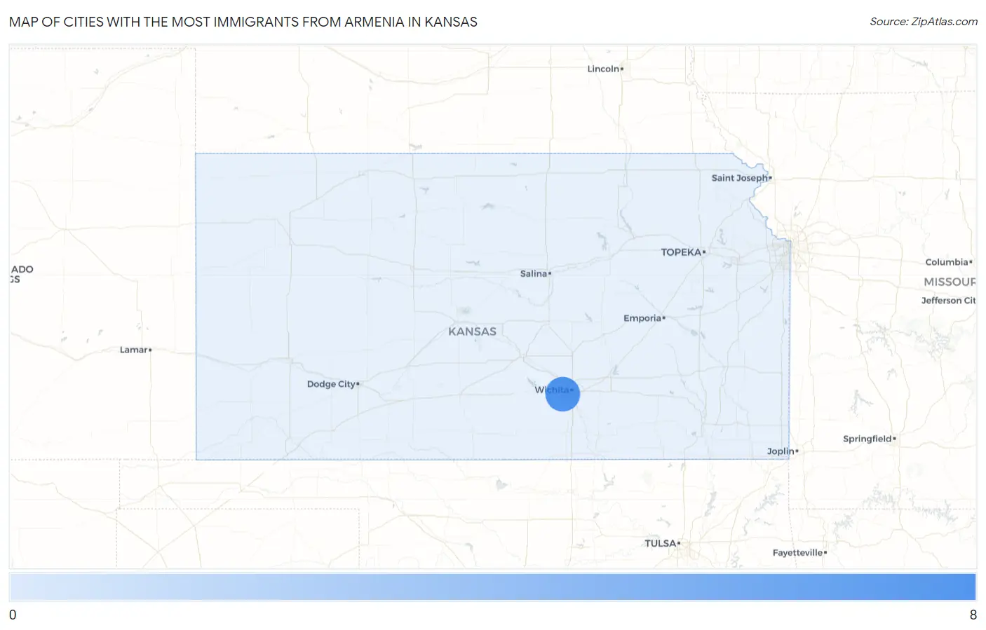 Cities with the Most Immigrants from Armenia in Kansas Map