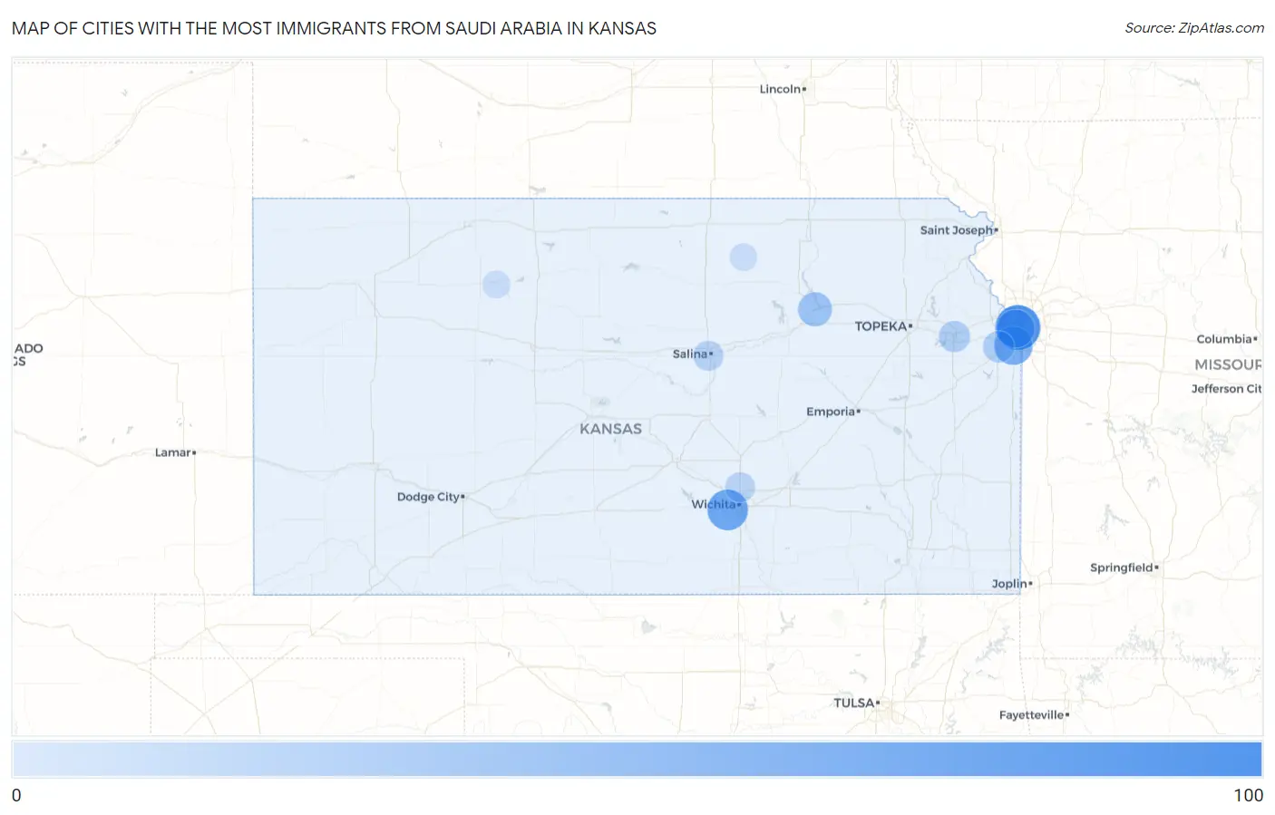 Cities with the Most Immigrants from Saudi Arabia in Kansas Map