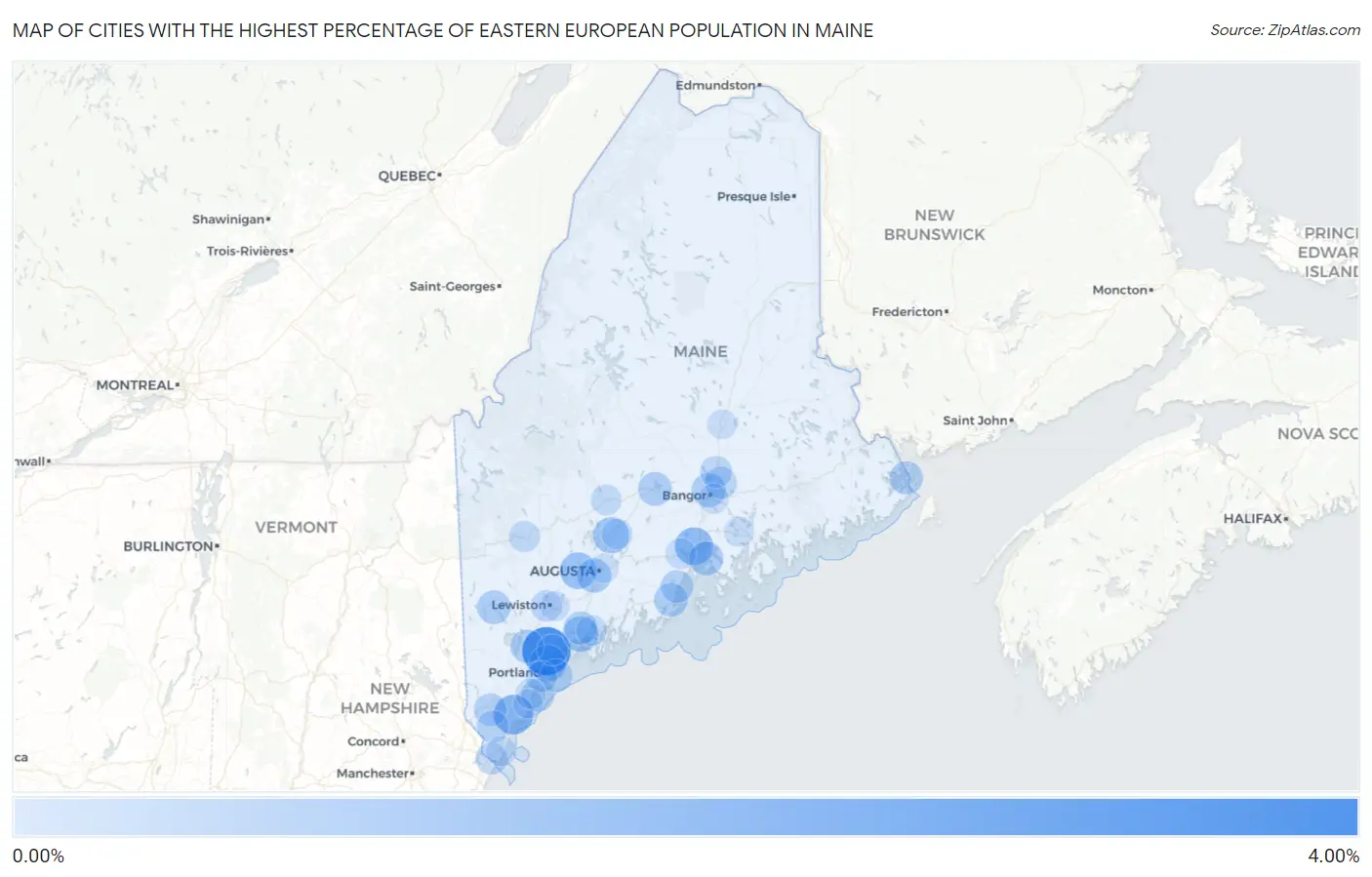 Cities with the Highest Percentage of Eastern European Population in Maine Map