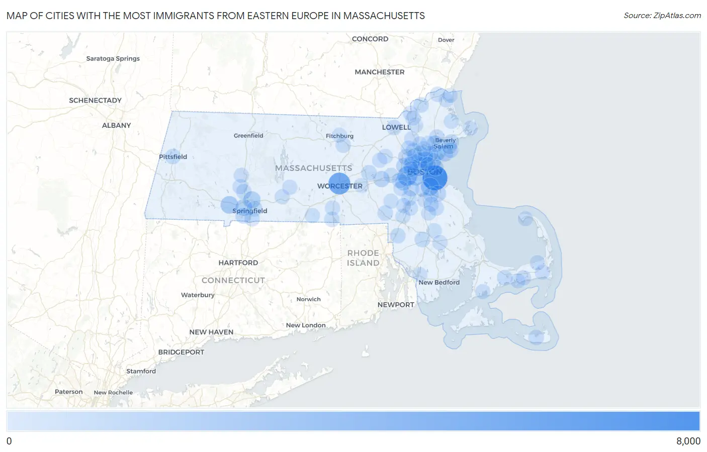 Cities with the Most Immigrants from Eastern Europe in Massachusetts Map