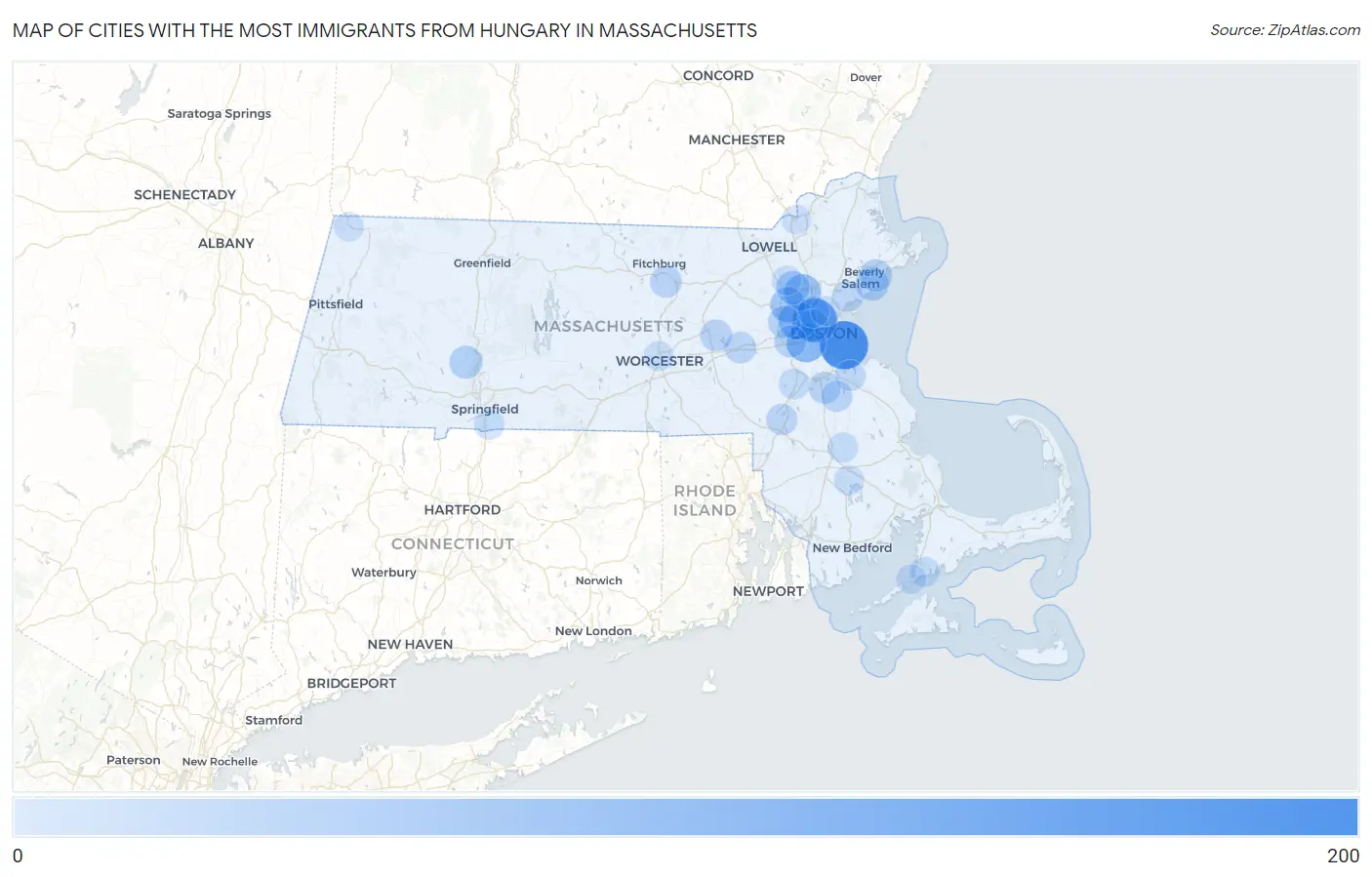 Cities with the Most Immigrants from Hungary in Massachusetts Map