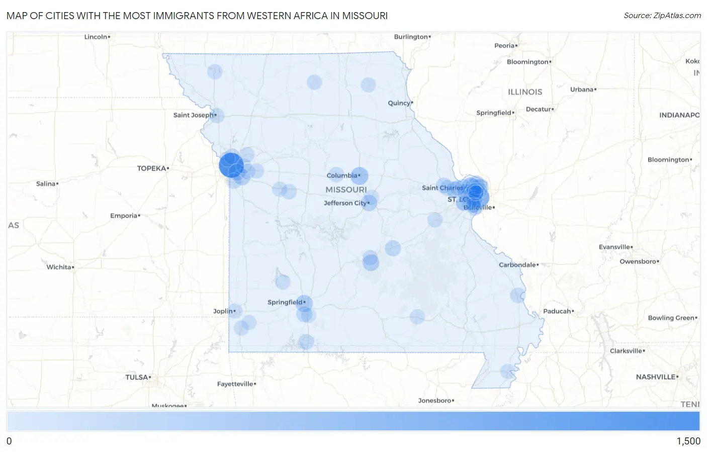 Cities with the Most Immigrants from Western Africa in Missouri Map