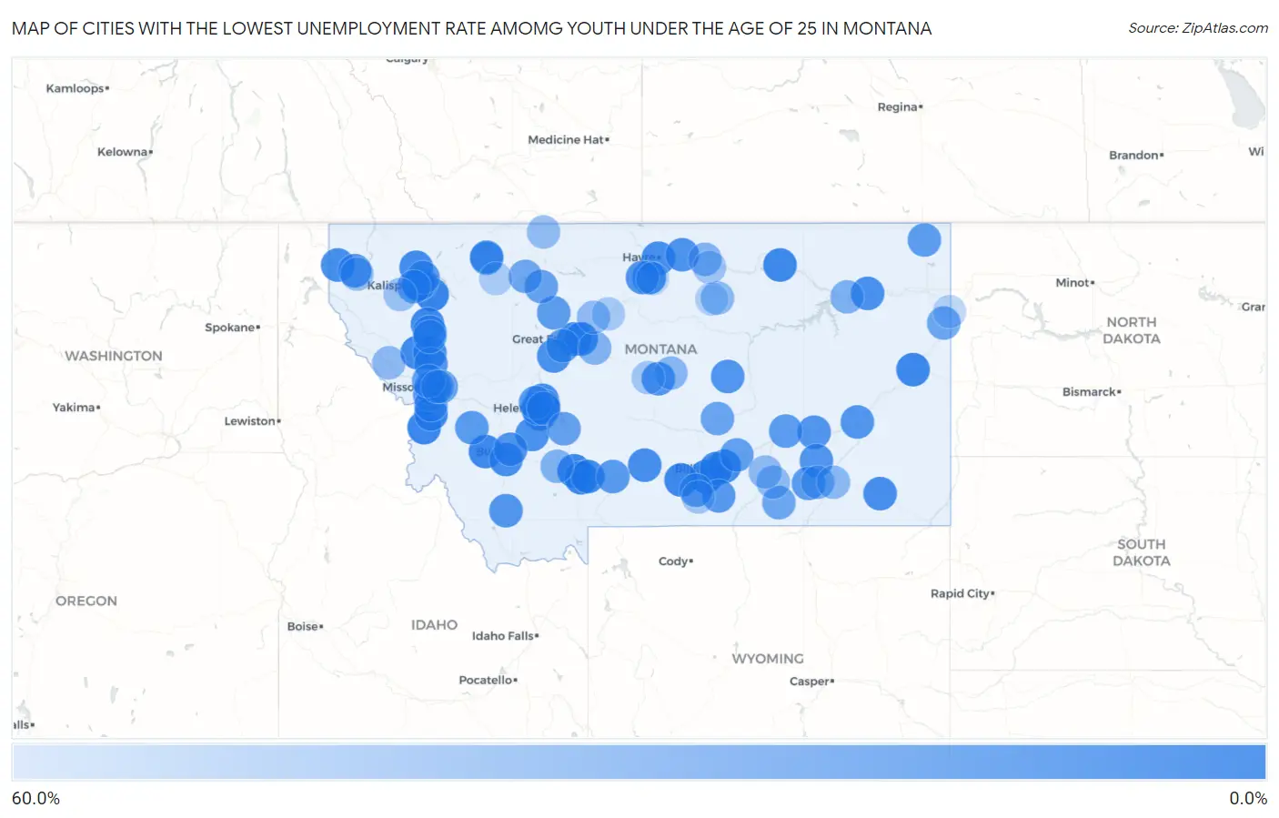 Cities with the Lowest Unemployment Rate Amomg Youth Under the Age of 25 in Montana Map