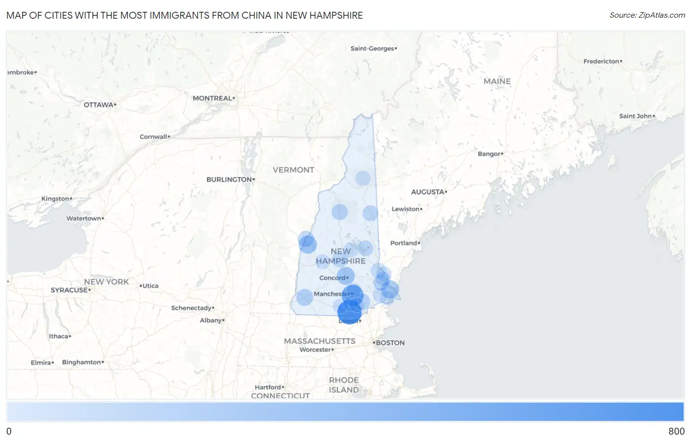 Cities with the Most Immigrants from China in New Hampshire Map