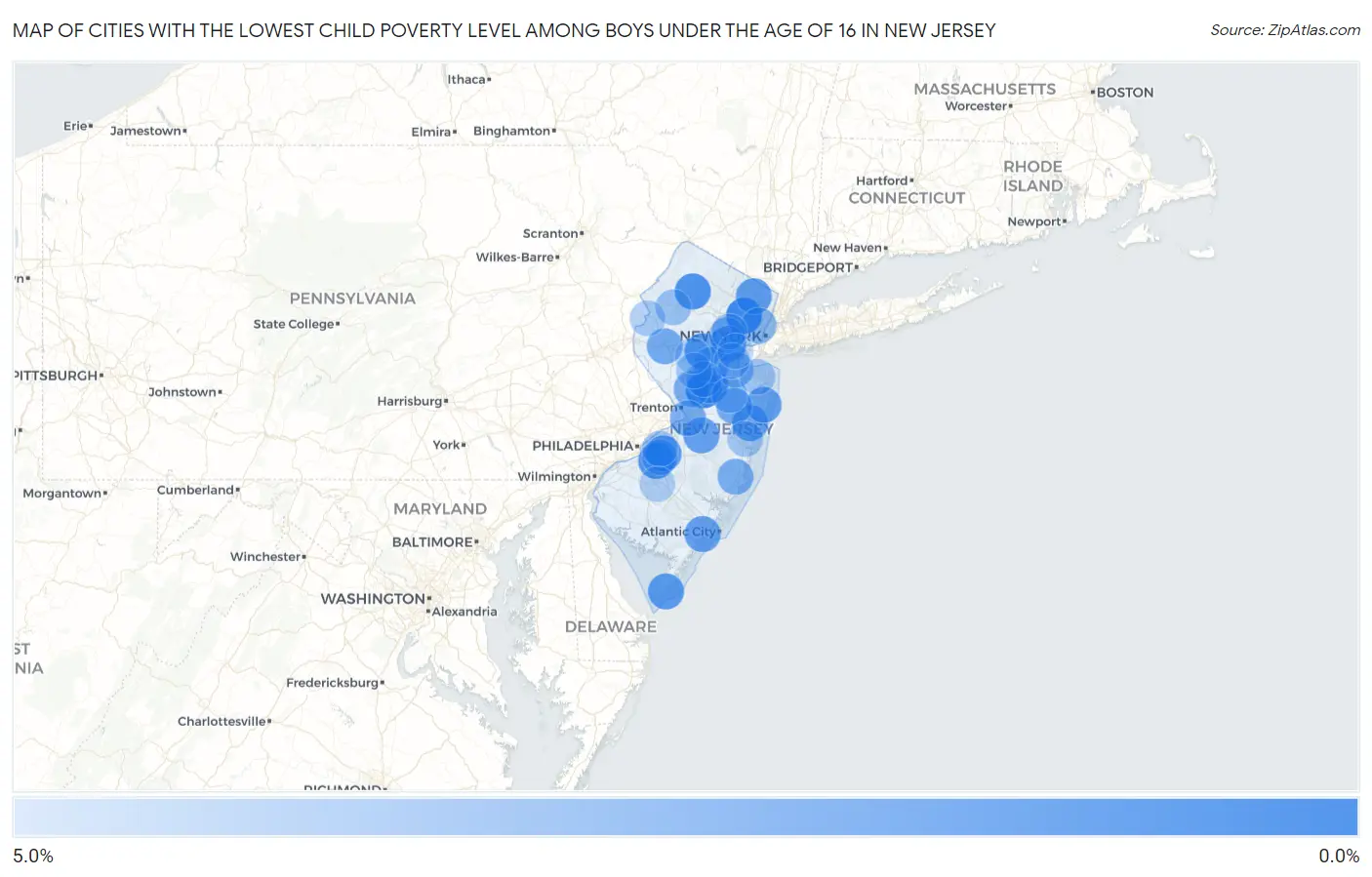 Cities with the Lowest Child Poverty Level Among Boys Under the Age of 16 in New Jersey Map