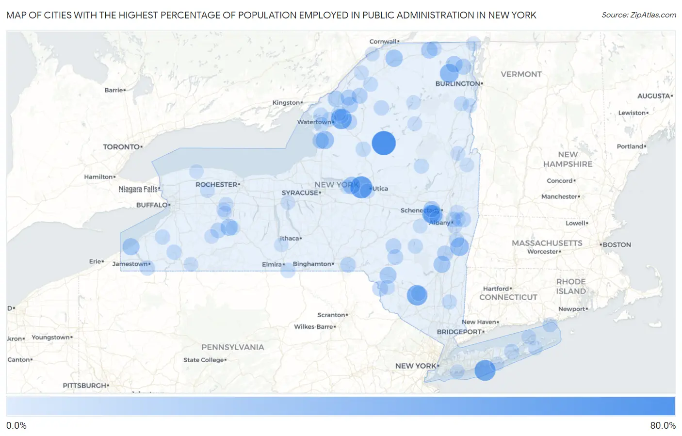 Cities with the Highest Percentage of Population Employed in Public Administration in New York Map