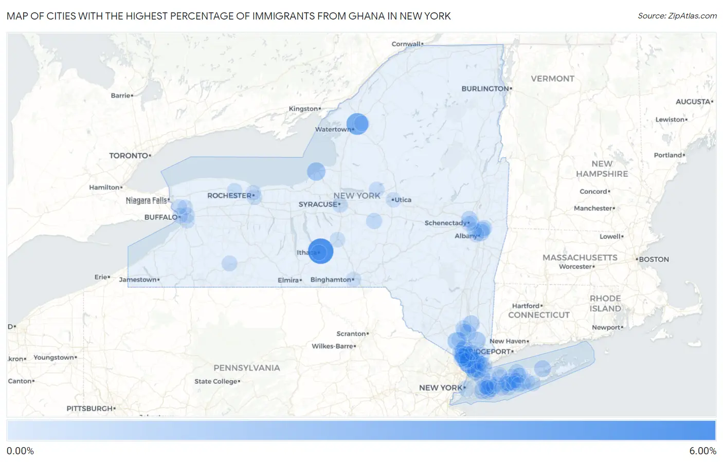 Cities with the Highest Percentage of Immigrants from Ghana in New York Map