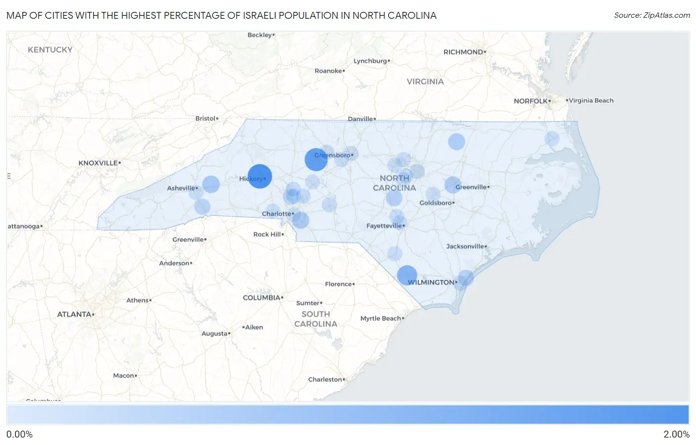 Cities with the Highest Percentage of Israeli Population in North Carolina Map