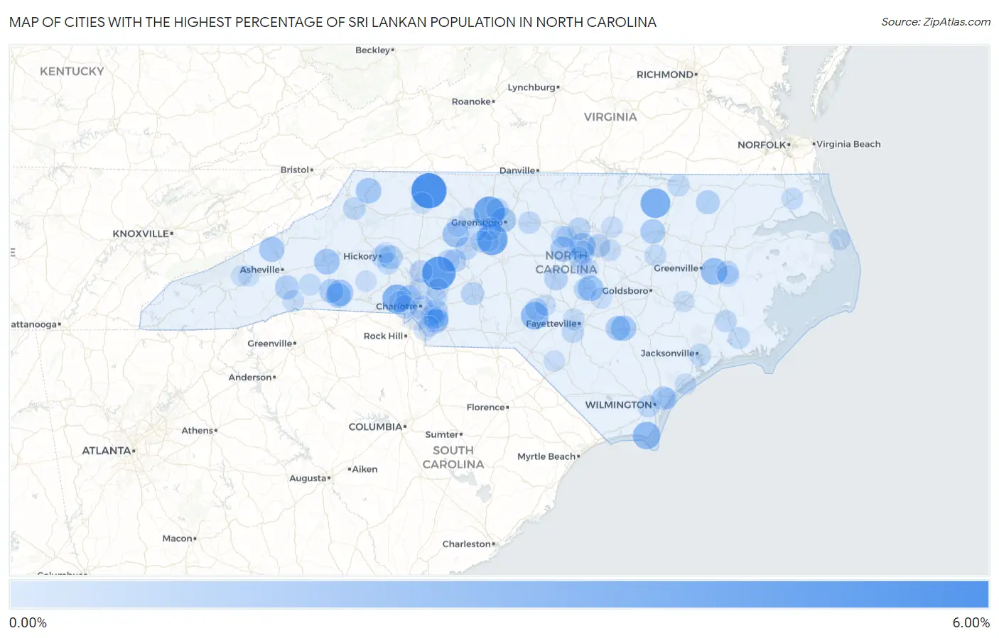 Cities with the Highest Percentage of Sri Lankan Population in North Carolina Map