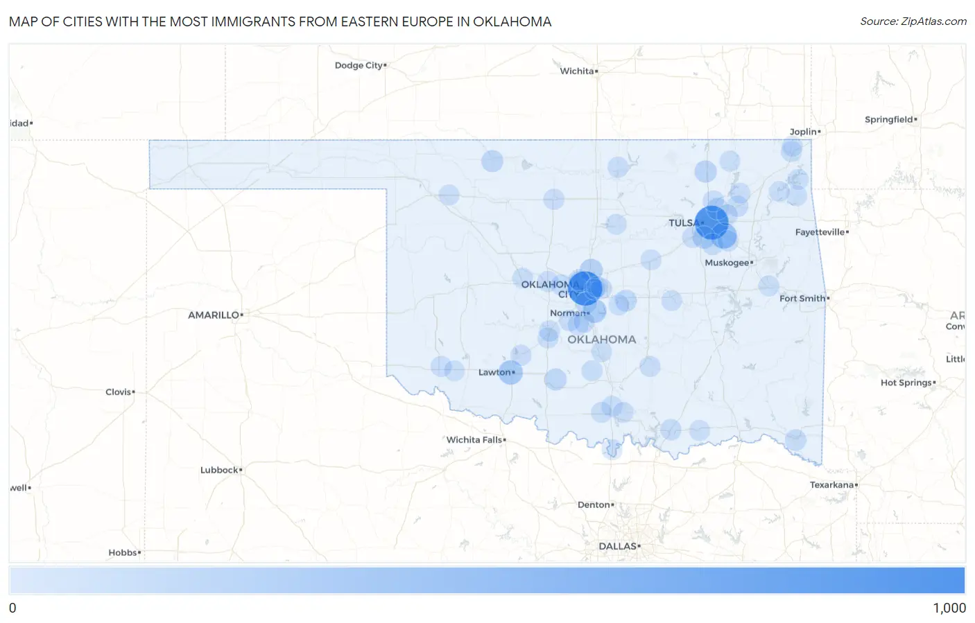 Cities with the Most Immigrants from Eastern Europe in Oklahoma Map