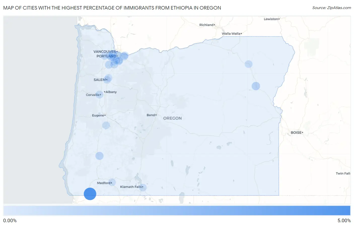 Cities with the Highest Percentage of Immigrants from Ethiopia in Oregon Map