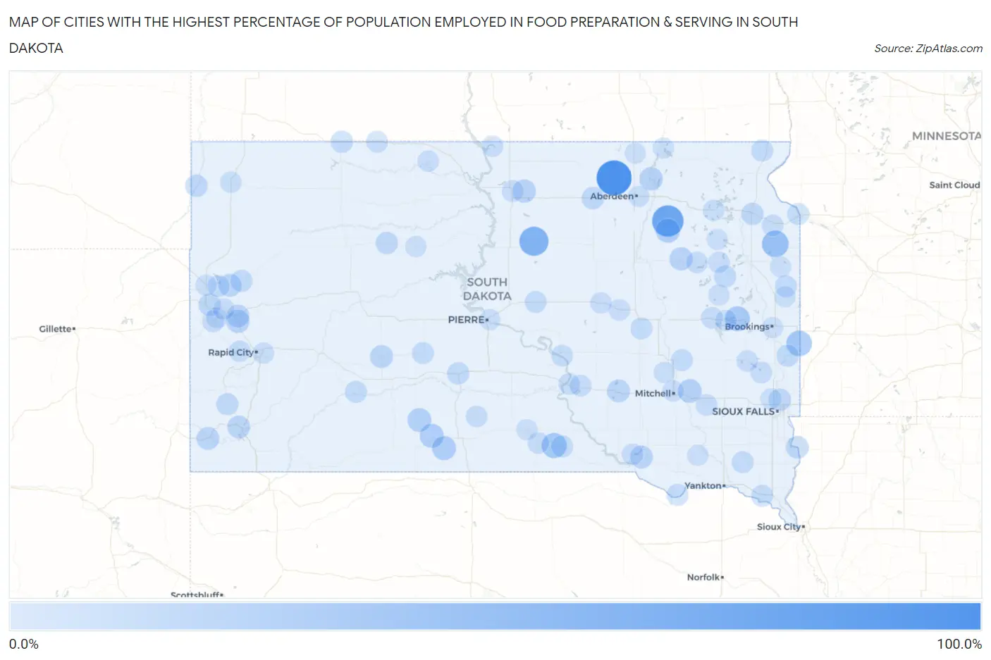 Cities with the Highest Percentage of Population Employed in Food Preparation & Serving in South Dakota Map