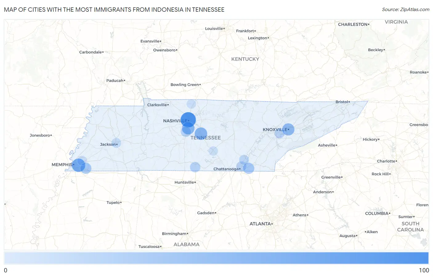 Cities with the Most Immigrants from Indonesia in Tennessee Map