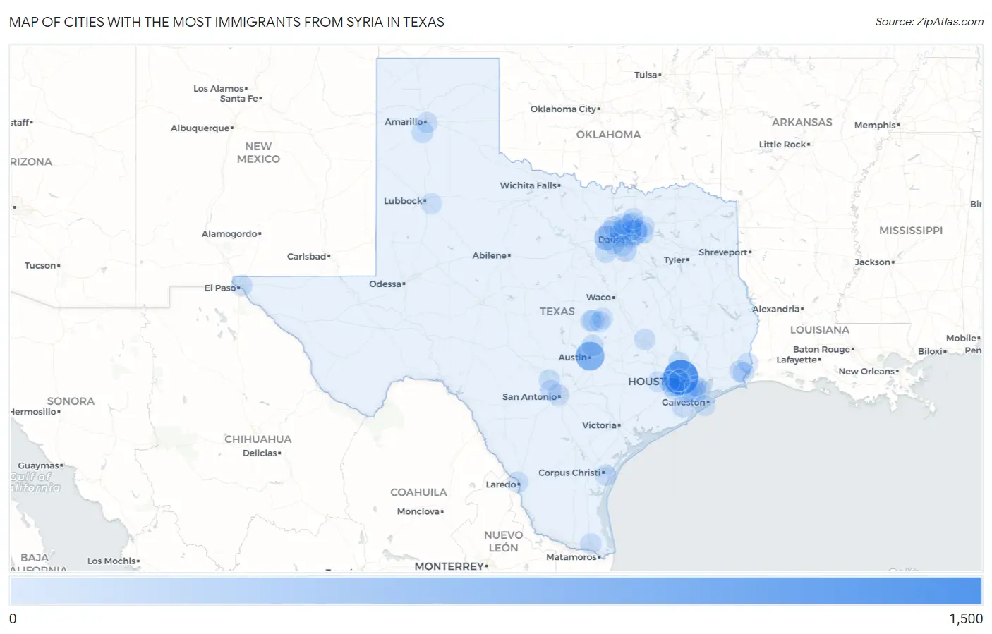 Cities with the Most Immigrants from Syria in Texas Map