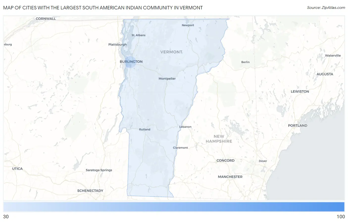Cities with the Largest South American Indian Community in Vermont Map