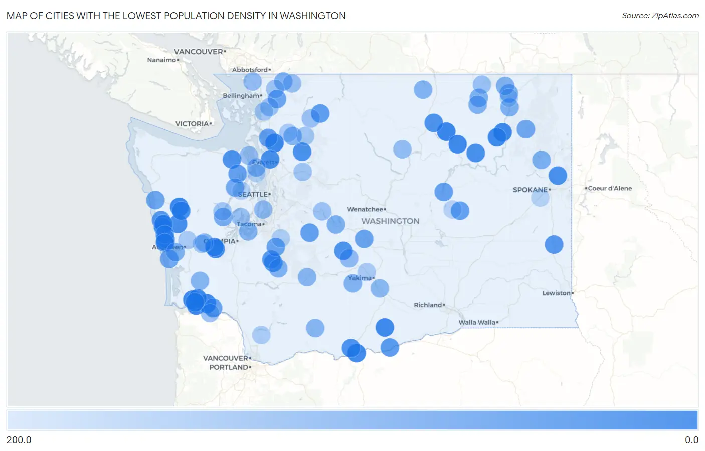 Cities with the Lowest Population Density in Washington Map