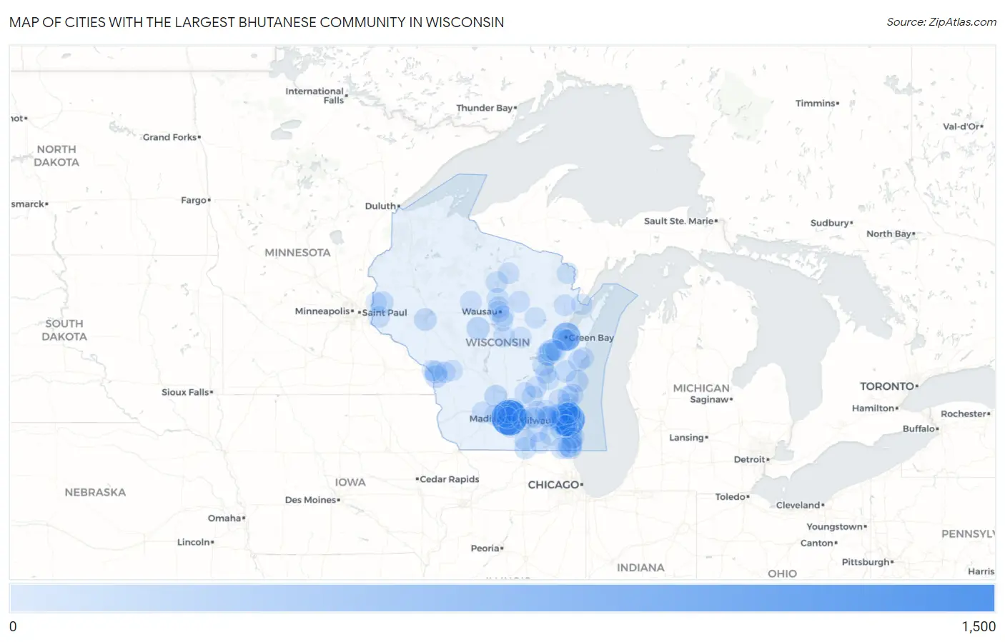 Cities with the Largest Bhutanese Community in Wisconsin Map