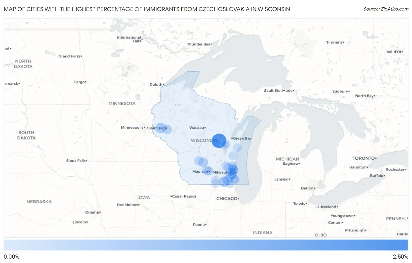 Cities with the Highest Percentage of Immigrants from Czechoslovakia in Wisconsin Map