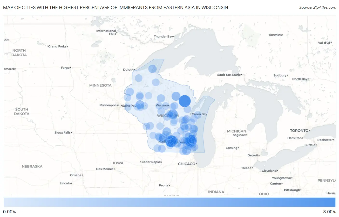 Cities with the Highest Percentage of Immigrants from Eastern Asia in Wisconsin Map
