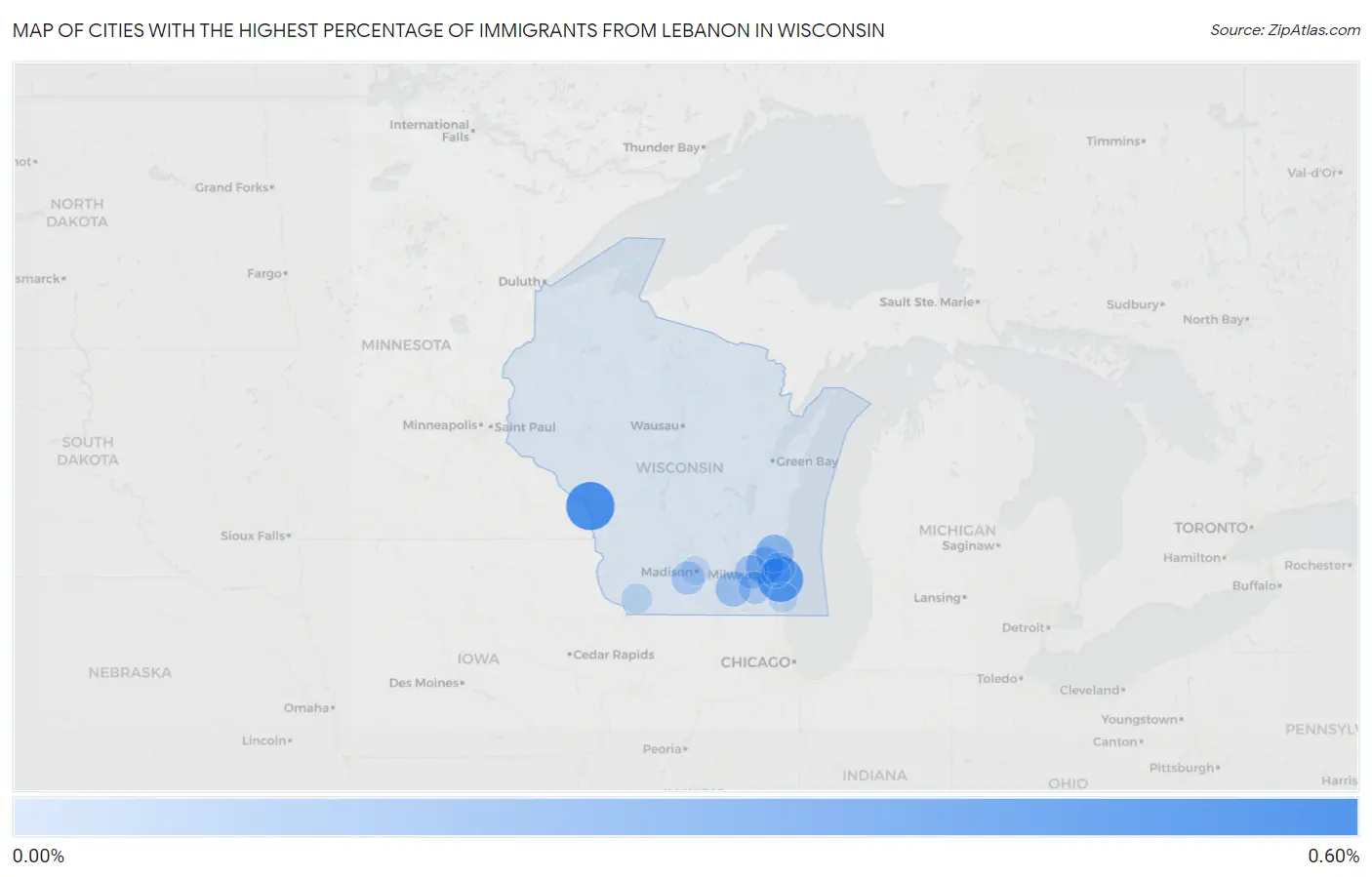 Cities with the Highest Percentage of Immigrants from Lebanon in Wisconsin Map