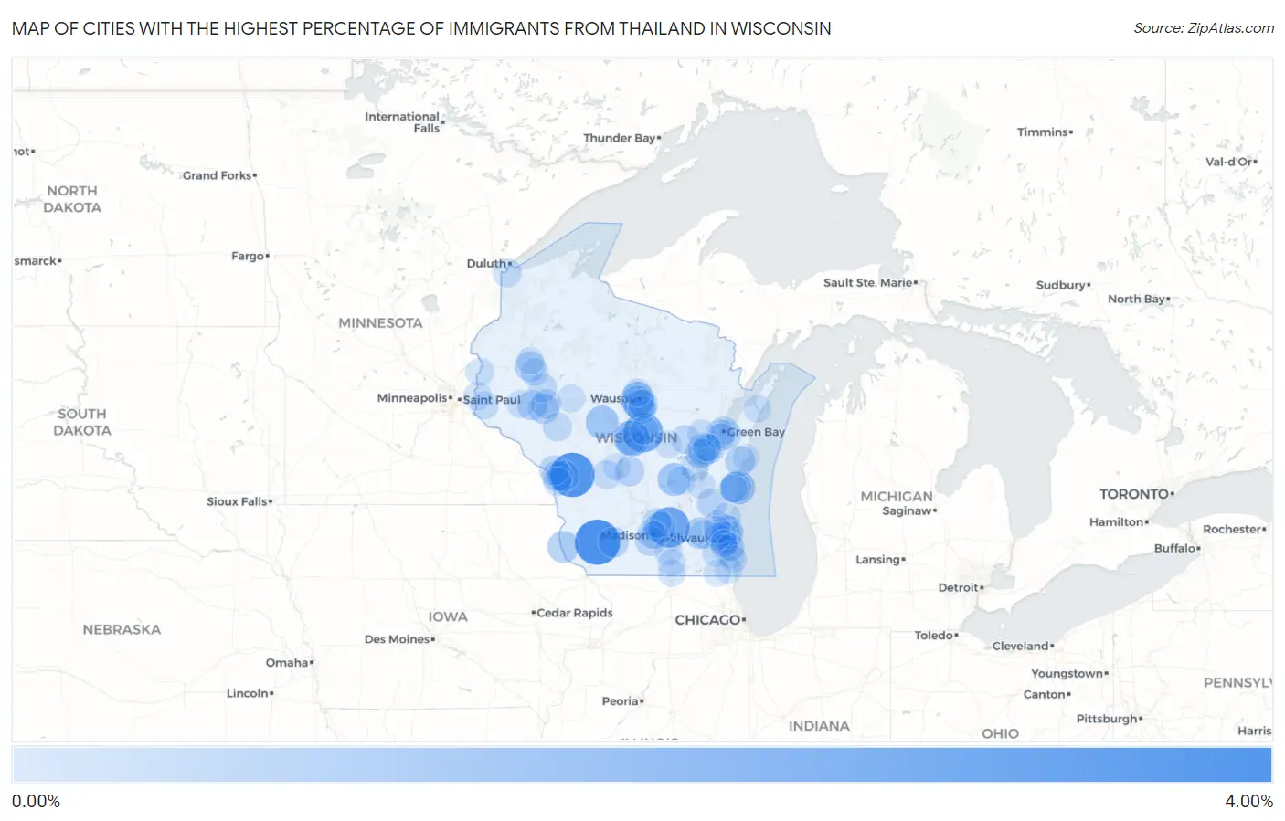Cities with the Highest Percentage of Immigrants from Thailand in Wisconsin Map