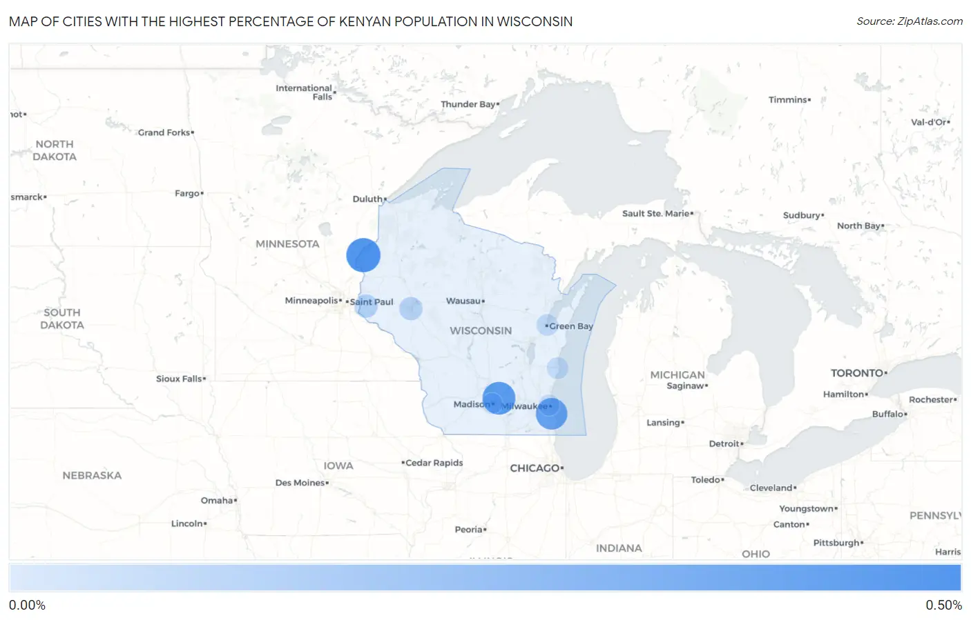 Cities with the Highest Percentage of Kenyan Population in Wisconsin Map