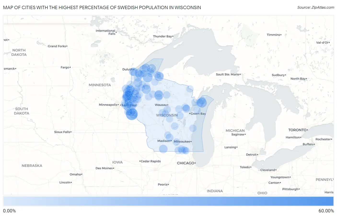 Cities with the Highest Percentage of Swedish Population in Wisconsin Map
