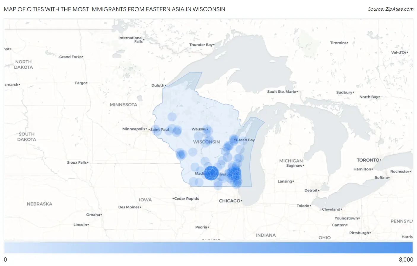 Cities with the Most Immigrants from Eastern Asia in Wisconsin Map