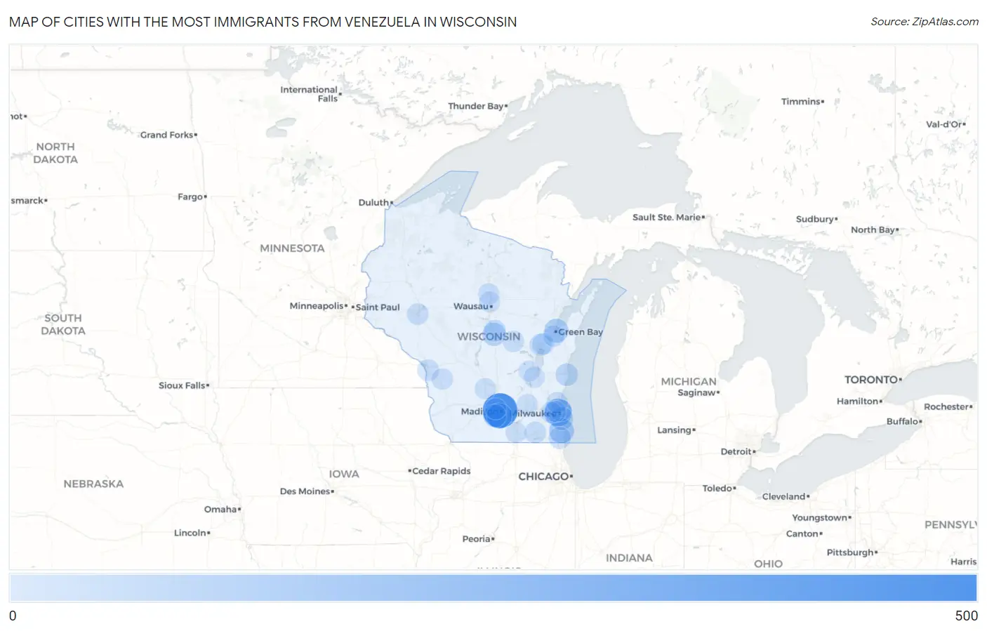 Cities with the Most Immigrants from Venezuela in Wisconsin Map