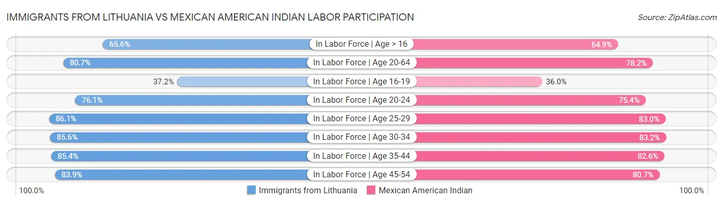 Immigrants from Lithuania vs Mexican American Indian Labor Participation