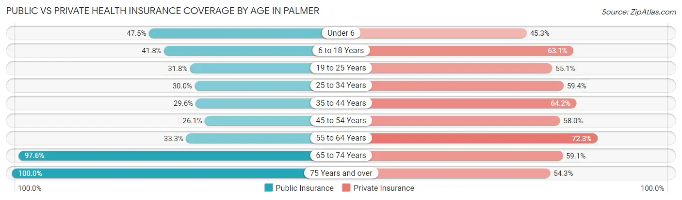 Public vs Private Health Insurance Coverage by Age in Palmer