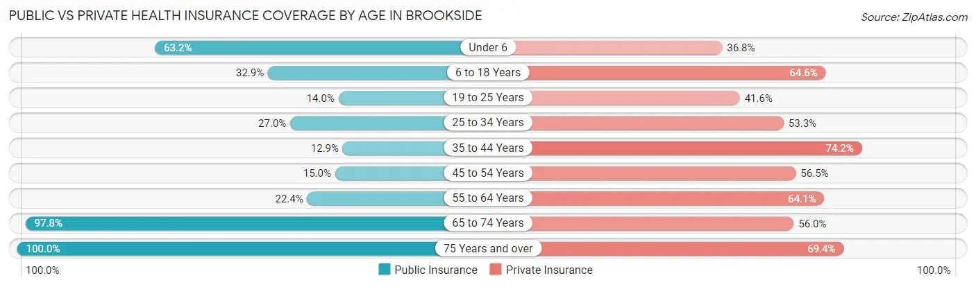 Public vs Private Health Insurance Coverage by Age in Brookside