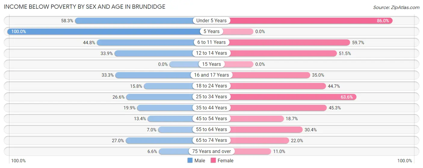 Income Below Poverty by Sex and Age in Brundidge