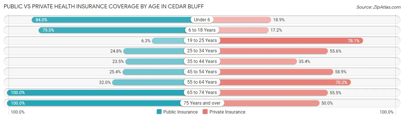 Public vs Private Health Insurance Coverage by Age in Cedar Bluff