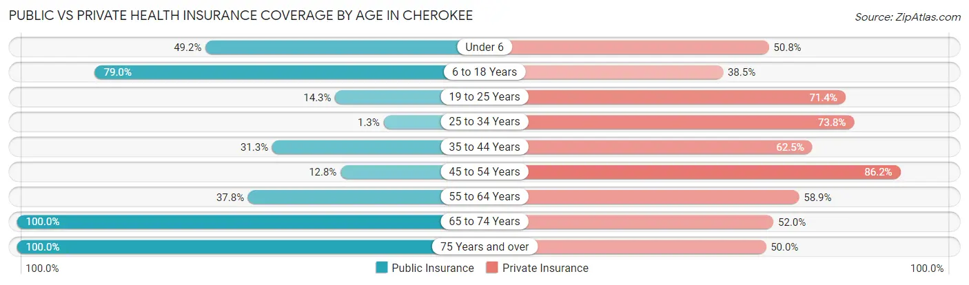 Public vs Private Health Insurance Coverage by Age in Cherokee