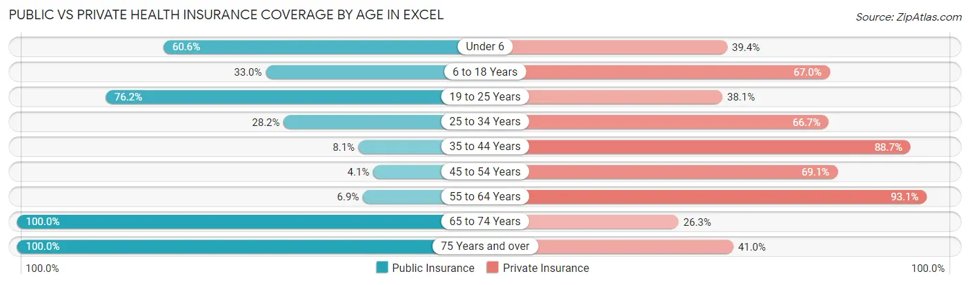Public vs Private Health Insurance Coverage by Age in Excel